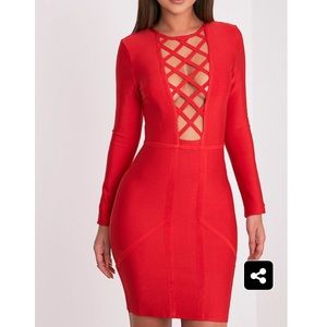 Red Lattice Bandage Bodycon Dress
